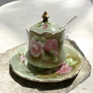 Vintage Lefton China jam jar lid and matching Plate Japan